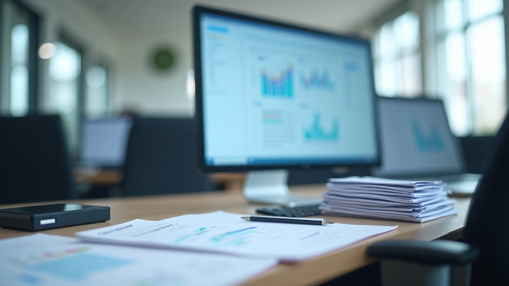 Bureau de conformité avec documents MiFID et outils d'analyse de données, écran d'ordinateur affichant des graphiques de conformité