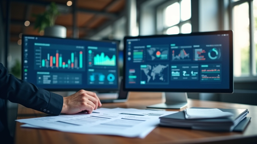 Bureau moderne de conformité avec documents réglementaires, écrans affichant des tableaux de bord de conformité, environnement professionnel bancaire
