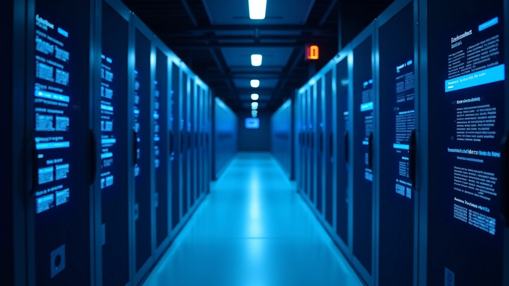 Infrastructure technologique bancaire sécurisée avec serveurs modernes, tableaux de monitoring DORA, systèmes de résilience opérationnelle, données protégées